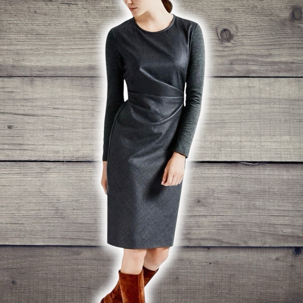 Max Mara Dark Charcoal Gray ‘Ragazza’ Jersey Knit Sleeve Pure Wool Dress Size 8